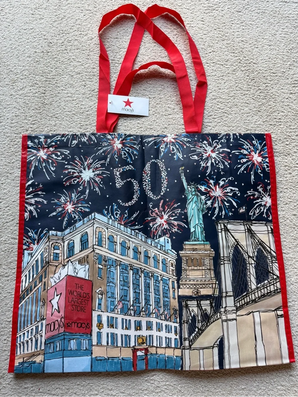Macy's 50 NYC Fireworks Reusable Tote Bag Statue Liberty Brooklyn Bridge 21x18x7